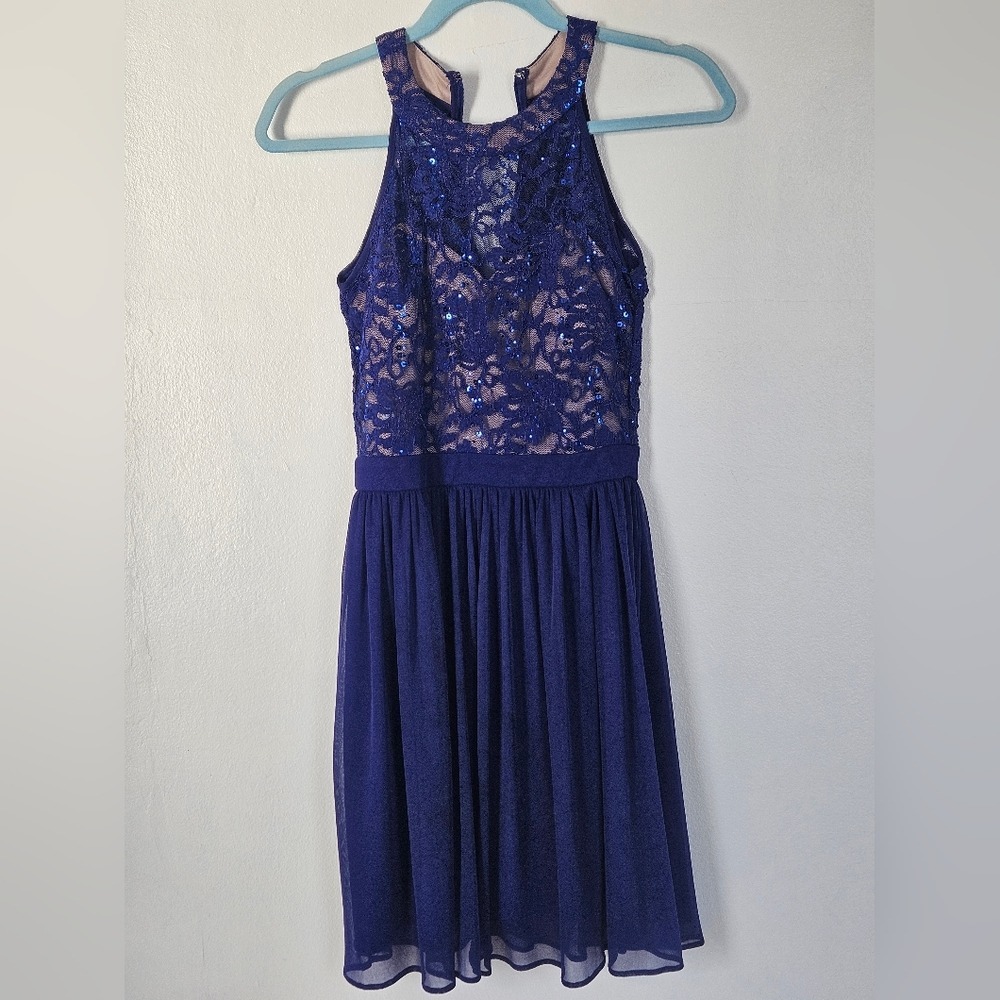 Royal Blue Lace Sequin Halter Neck Fit‎ Flare Dress Party Occasion size 3/4 - Picture 3 of 13